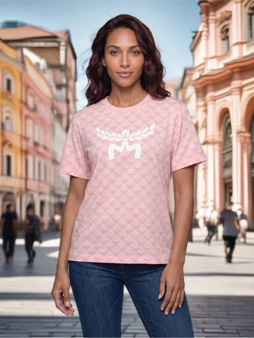 MCM Pink Logo Monogram Short Sleeve Tee